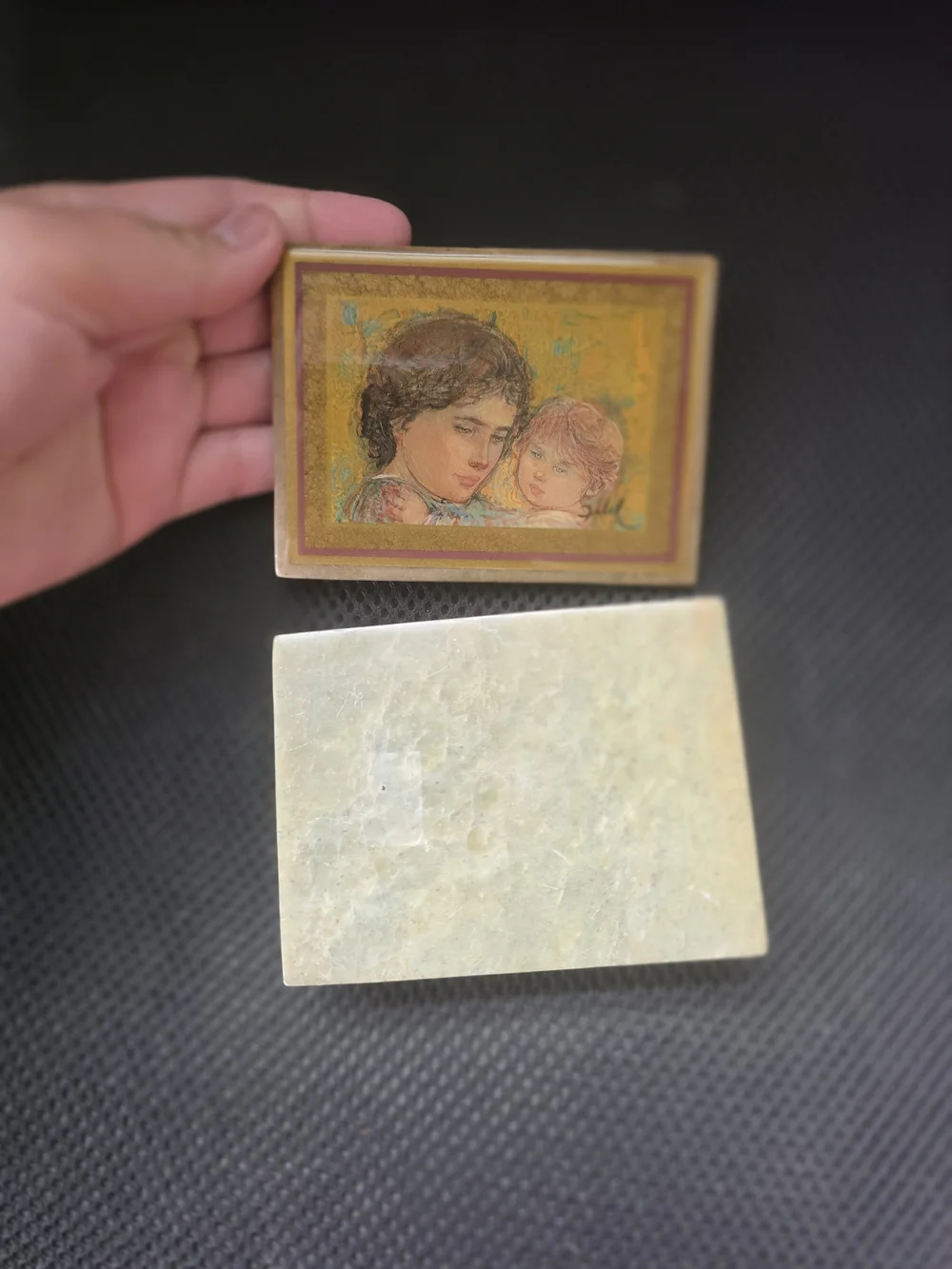 Vintage Edna Hibel Mother and Child Soapstone Trinket Box - Signed Art Lid Small